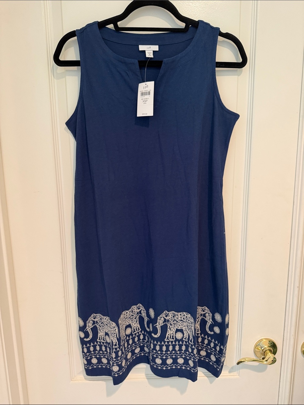 J Jill Navy Blue Sleeveless Shift Dress with White Embroidered Elephant Border